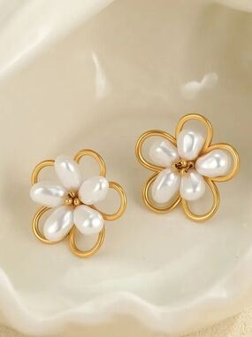 Gold and White Faux Pearl Flower Stud Earrings - Elegant Women’s Jewelry